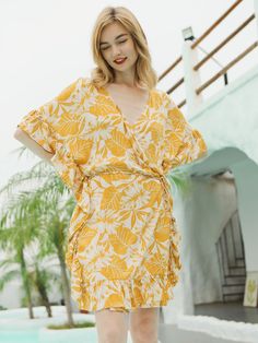 Tropicalia Floral Belted Kaftan | Moss Rose | Women's Vacation & Life Fashion – Shopmossrose V-neck Beach Dress With Tie Waist For Vacation, Beach Season Cover-up With Tie Waist, Beachwear Wrap Cover-up With Tie Waist, V-neck Swimwear With Tie Waist For Summer, Spring Beach Party Cover-up With Tie Waist, Summer Beach Cover-up With Tie Waist, Chic Beach Season Cover-up For Warm Weather, Summer V-neck Cover-up With Tropical Print, Floral Print V-neck Cover-up For Vacation