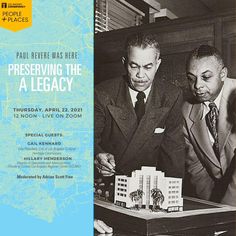 two men looking at a model of a building in front of a blue and white background