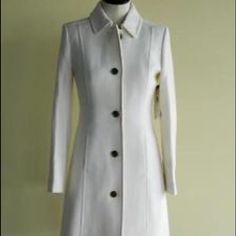 J. Crew's Classic Lady Day Coat With Thinsulate Lining. Winter White Color Is Elegant And Fabric And Lining Are Warm Enough To Stand Up To Chilly Temps. 12t Fits True To Size, Provides 1.5-2 Inches Extra Length In The Torso And Hem For A Bit More Coverage. Nwt White Long Coat For Formal Occasions, Tailored White Outerwear With Button Closure, Fitted Single Breasted Winter White Outerwear, Fitted Single Breasted Outerwear In Winter White, Classic Fitted Beige Outerwear, White Formal Outerwear For Winter, Elegant Beige Outerwear For Daywear, White Long Sleeve Daywear Outerwear, White Long Sleeve Outerwear For Daywear