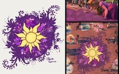 three different images of the same person in front of a purple and yellow flower design