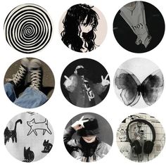 several circular pictures with black and white images