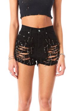 Titania is a vintage-inspired denim short. Featuring an over-dye black wash with extreme front shredding and hand safety pinned embellishment-these shorts aren't for the faint of heart. This is THE statement short of the season- you're cool. you're... Grunge Denim, Statement Shorts, Denim Shorts Style, Halter Top Dresses, Maxi Dress Pattern, Ribbed Mini Dress, Long Crop Top, Denim Short, Gray Skirt