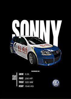 a blue and white car with the word sony on it's side in front of a black background