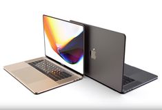 two apple laptops side by side with one open and the other closed, on a white background