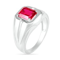 Vibrant and inviting, this men's fashion ring resonates with modern appeal. Crafted in sterling silver, this style showcases a 9.0 x 7.0mm emerald-cut bright red lab-created ruby - wrapped in a polished rectangle-shaped frame. Grooved details create a split-shank look and glisten along the outside edges for added depth and interest. Buffed to a brilliant luster, this ring is sure to stand out. Modern Signet Ring With Rectangular Stone And Polished Finish, Formal Sterling Silver Signet Ring With Rectangular Stone, Modern White Gold Rings With Rectangular Stone, Modern White Gold Ring With Rectangular Stone, Modern Silver Ring With Rectangular Stone, Modern Silver Rings With Rectangular Stone, Classic Ruby Ring With Polished Rectangular Finish, Classic Ruby Ring With Rectangular Polished Finish, Classic Rectangular Ruby Ring With Polished Finish