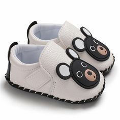 Baby Boys Cartoon Bear Soft Slip Ons Sneakers - PrettyKid White High-top Booties With Soft Sole, Cute White Closed Toe Sneakers, White Non-slip Booties With Round Toe, White Booties With Rubber Sole For Playtime, White Synthetic Closed Toe Booties, Cute White Booties With Soft Sole, Cute White Slip-on Booties, Playful White Booties For Playtime, White Soft Sole Booties For First Birthday