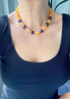 Unique Big Bold Yellow and Purple Choker Necklace, Chunky Gemstone Beaded Jewelry for Women,Mix Crystal Quartz Jewelry for Women ☀️Dimension: 42 cm +4 cm extention chain If you do not want an extension chain or need additional extension chain, please inform me. 🌈Materials:Quartz,14k gold plated 🔴 30% Discount for 2 items use the code: 2ITEMS30 🔴 35% Discount for 3 or more items use the code: MOREITEM35 Visit my shop for all designs: https://www.etsy.com/shop/MervuHandmadeJewelry ✈️Trackable S Yellow Beaded Necklaces For Jewelry Making, Yellow Beaded Necklaces With Natural Stones For Gifts, Yellow Beaded Necklaces With Natural Stones As Gift, Yellow Single Strand Beaded Necklace As Gift, Yellow Beaded Crystal Necklaces For Jewelry Making, Yellow Beaded Necklaces With Faceted Beads For Gift, Yellow Single Strand Necklace For Jewelry Making, Yellow Gemstone Beaded Necklaces For Gifts, Yellow Beaded Jewelry For Healing