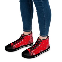 Elevate your style game to new heights with our exclusive Bold Bloods Red Bandana Women's High Top Sneakers. These sneakers are more than just shoes; they are a bold statement of fashion-forward design and comfort. Key Features: Crafted from breathable polyester canvas, these sneakers offer the perfect harmony of comfort and style, ensuring your feet stay comfortable all day. Hi-poly deodorant memory foam insoles provide exceptional cushioning and support, making each step a delight. The full wr Streetwear Sneakers With Red Sole And Round Toe, High-top Sneakers With Red Sole For Streetwear, Streetwear High-top Sneakers With Red Sole, Urban High-top Sneakers With Red Sole And Lace-up, Urban High-top Sneakers With Red Sole, Red Lace-up High-top Sneakers For Spring, Trendy Lace-up Sneakers With Red Sole, High-top Skate Shoes With Red Sole, Urban Skate Shoes With Red Sole And Round Toe