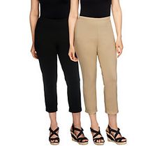 Build a summer wardrobe you can feel confident about with this set of two Women with Control(R) crop pants. Fashioned from a smoothing blend of cotton and spandex, these straight-leg pants flatter your figure in a cropped length that's perfect for warm weather. They're your go-to, wear-anywhere, with-anything pants!  Made with 14% spandex, these curve-hugging crop pants hold you in at the waist and rear to help smooth out your silhouette--so you can take on the day in confidence. The shortened l Non-stretch Cropped Leg Summer Pants, Summer Solid Color Straight Leg Capris, Stretch Pants For Summer Workwear, Fitted Capri-length Pants For Spring, Fitted Capri Length Pants For Spring, Stretch Cotton Capris With Pull-on Style, Fitted Cropped Leg Loungewear Pants, Non-stretch Capri Length Pants For Spring, Fitted Capri Length Bottoms For Summer