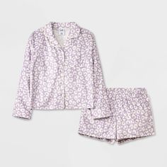 They'll love the cool comfort this 2-Piece Long-Sleeve Coat Pajama Set from art class™ brings to their bedtime routine. This set includes a sleep shirt and shorts, both crafted from recycled polyester knitted fabric for comfortable wear. The long-sleeve button-down shirt features a classic notched collar with a chest patch pocket, while the shorts have a full elastic waistband for a snug fit. Mix and match the set with other PJ separates for a variety of looks. art class™: One-of-a-kind looks fo Casual Fall Sets For Sleepovers, Casual Leopard Print Sleepwear For Loungewear, Fitted Leopard Print Sleepwear For Loungewear, College Wishlist, Purple L, Long Sleeve Coat, Cozy Pajamas, Girls Sleepwear, Shirt And Shorts