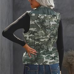 Camouflage Camo Utility Vest Full Zip Outdoor Military Vest For Fall, Camouflage Military Outerwear For Spring, Military Style Outdoor Vest For Fall, Spring Camouflage Outerwear For Outdoor, Military Style Vest For Outdoor Fall Activities, Spring Camouflage Outdoor Outerwear, Fall Outdoor Military Vest, Camouflage Military Tops With Pockets, Military Camouflage Tops With Pockets