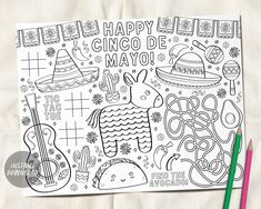 an adult coloring book with the words happy birthday gabril and mexican symbols on it