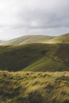 a grassy hill with hills in the background