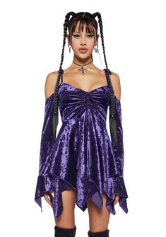 Current Mood Off The Shoulder Velvet Handkerchief Mini Dress - Purple Halloween Costume Boots, Rave Fit, Current Mood Clothing, Pixie Outfit, Wedding Dresses High Low, Fairy Clothes, Handkerchief Dress, Purple Halloween, School Clothes