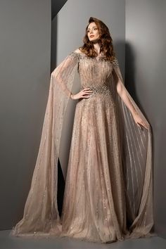 Fully beaded dress with cape Crystal Gown, Ziad Nakad, Engagement Gowns, Dress With Cape, Look Formal, Engagement Dresses, فستان سهرة, Cape Dress, A Line Gown