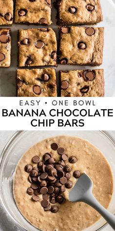 banana chocolate chip bars are cut into squares and placed on top of each other