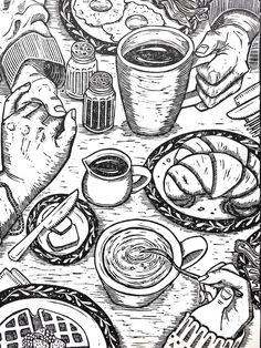 a black and white drawing of food on a wooden table next to a cup of coffee