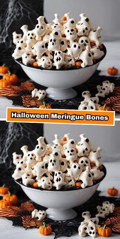 two pictures of halloween marshmallows in a bowl with ghost heads on them