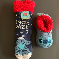 Two Pairs Of Disney Christmas Slipper Socks New With Tags Size 4-10 Adult Disney Slipper Socks, Blue Christmas Socks For Stocking Stuffers, Non-slip Blue Socks For Winter, Fun Winter Non-slip Socks, Fun Non-slip Winter Socks, Minnie Mouse House, Minnie Mouse Slippers, Disney Characters Christmas, Disney Slippers