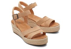 Womens Audrey Tan Suede Wedge Sandal | TOMS Wide Width Sandals, Men's Beanies, Saltwater Sandals, Crocs Classic Clogs, Outdoor Weddings, Shoes Heels Wedges, Leather Products, Espadrille Sandals, Feminine Design