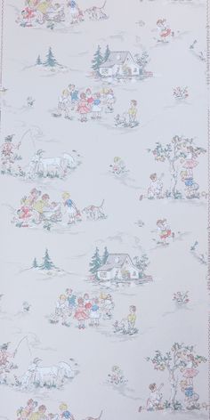 a white wallpaper with cartoon animals and houses in the snow on top of it