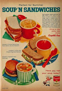 an old advertisement for soup'n sandwiches with two cups of soup and one sandwich