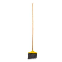 a broom on a white background with a yellow handle and black bristles for cleaning