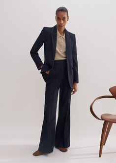 Cotton-Blend Denim Kick Flare Pant Indigo Modern Denim Jeans For Work, Modern Fitted Pantsuit For Work, Office Pantsuit With Straight Hem, Modern Tailored Pants For Workwear, Fitted Pantsuit With Straight Hem For Work, Denim Blue Straight Leg Bottoms For Work, Straight Leg Denim Blue Bottoms For Work, Modern Denim Blue Jeans For Work, Denim Blue Jeans For Work