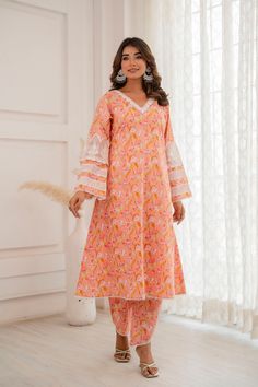 Pure cotton printed kurta set.  Length : Kurta: 46 inches Pant : 39 inches Spring Printed Straight Kurta Salwar Kameez, Spring Printed Salwar Kameez With Straight Kurta, Spring Lawn Suit With Printed Motifs And Straight Kurta, Anarkali Pant Set With Printed Motifs For Eid, Cotton Anarkali Set For Eid With Printed Details, Anarkali Pant Set With Straight Kurta And Printed Motifs, Anarkali Pant Set With Printed Motifs For Navratri, Spring Printed Motifs Salwar Kameez Straight Kurta, Spring Pant Set With Straight Kurta And Printed Motifs