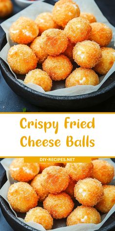 crispy fried cheese balls in a cast iron skillet with text overlay that says crispy fried cheese balls