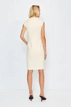 Collar Wrap Popper Midi Dress | Karen Millen Tailored V-neck Spring Dress, Tailored V-neck Dress For Spring, Structured Mini Length Dress, Fitted V-neck Wrap Dress For Work, Structured Sleeveless Formal Dress, Structured Mini Dress For Work, Chic Sheath V-neck Dress For Formal Occasions, Elegant Structured Mini Dress, Knee-length V-neck Dress For Office