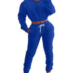 Solid Sportswear Casual Sweatshirt Jogger Pants Set Relaxed Fit Athleisure Tracksuit With Drawstring, Athleisure Tracksuit With Drawstring And Relaxed Fit, Sporty Blue Joggers With Drawstring, Relaxed Fit Drawstring Tracksuit For Sports, Relaxed Fit Tracksuit For Fall, Fall Tracksuit In Relaxed Fit Sportswear, Sportswear Tracksuit With Drawstring For Loungewear, Sportswear Tracksuit With Drawstring, Sportswear Tops With Pockets For Loungewear