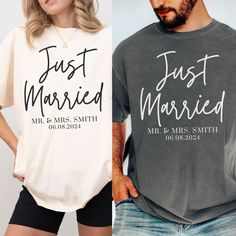 This custom JUST MARRIED Comfort Colors® shirt is the perfect way to show your excitement as the newest Mr. and Mrs!  Personalize the front of each t-shirt with your last names and wedding date.  These shirts will be keepsakes for years to come!  Buy for yourself, pack in your suitcase to wear on your honeymoon, or make these tees a gift for the newlyweds in your life. PLEASE READ THROUGH ALL OF THE FOLLOWING INFORMATION.  IF YOU HAVE FURTHER QUESTIONS, WE ARE HAPPY TO HELP! Welcome to CuratedCl Wedding Pijama, Couples Wedding T-shirt With Crew Neck, Customizable Short Sleeve Wedding Tops, Couples Crew Neck T-shirt For Wedding, Customizable Short Sleeve Tops For Wedding, White Custom Text T-shirt For Weddings, White Custom Text Top For Wedding, Wedding T-shirt With Custom Print And Short Sleeves, Custom Print Short Sleeve T-shirt For Wedding