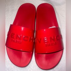 Brand New Givenchy Slide Flat Sandals Red - 100% Rubber Size 10us/40eu Designer Sandals With Red Sole And Round Toe, Red Flat Slides For Spring, Designer Sandals With Red Sole For Summer, Designer Red Sandals For The Beach, Designer Slip-on Sandals With Red Sole, Designer Beach Sandals With Red Sole, Red Slip-on Sandals, Designer Sandals With Red Sole For The Beach, Chic Red Slip-on Sandals