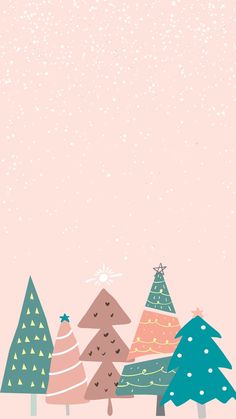 a pink background with trees and snow flakes on the bottom right corner is an illustration of christmas trees in pastel colors