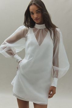 Mare Mare Long-Sleeve Organza Overlay Mini Dress Organza Overlay Dress, Sheer Overlay Dress, Mini Wedding Dress, Organza Overlay, White Strapless Dress, Anthropologie Wedding, Wedding Reception Dress, Sheer Overlay, Overlay Dress