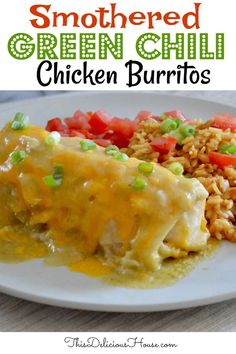 a white plate topped with green chili chicken burritos next to rice and veggies