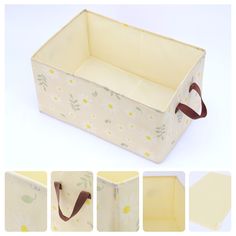 four different views of the inside of a storage box with flowers and leaves on it