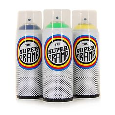 three spray cans with the words superramp on them are lined up against a white background