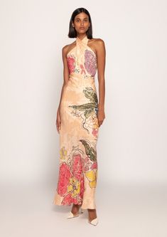 Peach bandhani print halter maxi dress Chic Embellished Halter Dress For Summer, Chic Embellished Summer Halter Dress, Chic Summer Embellished Halter Dress, Embroidered Maxi Dress For Summer Evening, Chic Floral Print Festive Dress, Chic Festive Floral Print Dresses, Festive Chic Floral Print Dresses, Bohemian Maxi Dress With Floral Embroidery For Party, Floral Print Maxi Halter Dress For Party