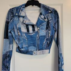 Fashion Nova Denim Patchwork Print Jacket - New Without Tags. Never Worn. Fitted Denim Biker Jacket With Long Sleeves, Fitted Long Sleeve Denim Biker Jacket, Fitted Blue Cropped Cotton Jacket, Fall Denim Long Sleeve Biker Jacket, Fall Denim Biker Jacket With Long Sleeves, Denim Long Sleeve Biker Jacket For Fall, Fitted Blue Cotton Cropped Jacket, Denim Biker Jacket With Long Sleeves For Fall, Winter Cropped Blue Denim Jacket