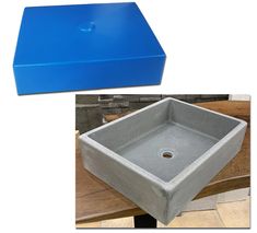 a blue box sitting on top of a wooden table next to a square shaped sink