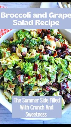 broccoli and grape salad recipe in a white bowl