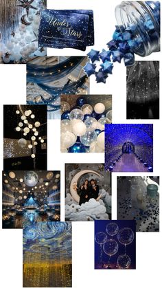 a collage of blue and white images with stars, bubbles and snowflakes