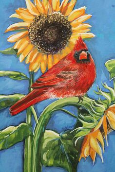 a painting of a cardinal sitting on a sunflower with blue sky in the background