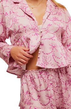 Smooth satin pajamas speak for themselves with a dropped-shoulder fit and comfy button-fly shorts. 19 1/2" front top length; 22" back top length; 3" inseam, 34" leg opening; 13" front rise; 16" back rise (size Medium) Top has front button closure; deep V-neck; notched collar; long sleeves Shorts have elastic waist; button fly 100% polyester Hand wash, line dry Imported Luxury Fitted White Intimates, Cute Pjs, Cute Pajama Sets, Cowgirl Aesthetic, Beauty Sleep, Cute Pajamas, Button Front Top, Set Free, Oversized Silhouette