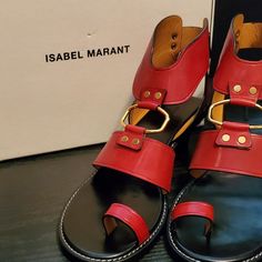 New With Box, Slight Damage To The Leather In Photos Modern Red Sandals With Single Toe Strap, Modern Red Sandals With Heel Loop, Red Flat Sandals With Leather Sole, Red Sandals With Branded Insole And Single Toe Strap, Red Sandals With Single Toe Strap, Marant Shoes, Isabel Marant Shoes, Toe Loop Sandals, Isabel Marant