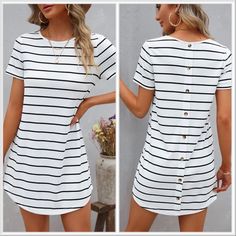 Striped Button Back Curved Hem Tee Dress Ships In 5-8 Days~ 93% Polyester, 7% Elastane Size Tags Are Letters Xs(2) S-(4) M-(6) L-(8/10) Xl-(12) 1xl-(14) 2xl-(16) 3xl-(18) 4xl-(20) Xl-(12) Search: Anthro Festival Preppy Casual Mumu Revolve Spell Reformation Puff Popular Swim Contemporary Layering Free People Cami Dress Top Events Lulu Vacation Beach Contemporary Anniversary Boat Weekend Pool Swim Night Out Visit My Boutique Casual White Shirt Dress With Buttons, Short Sleeve Shirt Dress With Buttons For Day Out, Summer Dresses With Button Back And Short Sleeves, Casual Short Sleeve Shirt Dress With Buttons, Summer Short Sleeve Button Shirt Dress, Casual Short Sleeve Dress With Button Closure, Trendy Short Sleeve Shirt Dress With Buttons, Casual Summer Dresses With Button Back, Summer Knee-length Buttoned Shirt Dress