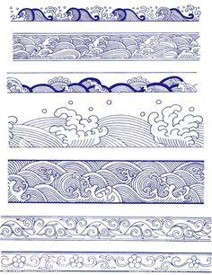 four different types of waves and clouds in blue ink on white paper, each with an intricate