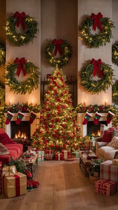 a decorated christmas tree sitting in the middle of a living room next to a fire place